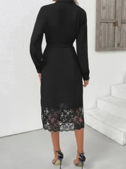 Robe chemise mi-longue à manches longues bordure en dentelle ceinture et fente latérale automne 2026