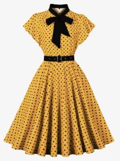 Robe chemise à pois avec ceinture et lien manches flottantes robe mi-longue vintage pour femme 2026