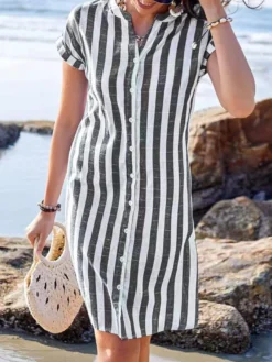 Robe-chemise à rayures verticales pour femme - Robe midi boutonnée à manches courtes - Vacances d'été à la plage 2026