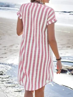 Robe-chemise à rayures verticales pour femme - Robe midi boutonnée à manches courtes - Vacances d'été à la plage 2026