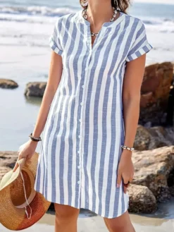 Robe-chemise à rayures verticales pour femme - Robe midi boutonnée à manches courtes - Vacances d'été à la plage 2026