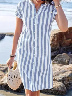 Robe-chemise à rayures verticales pour femme - Robe midi boutonnée à manches courtes - Vacances d'été à la plage 2026