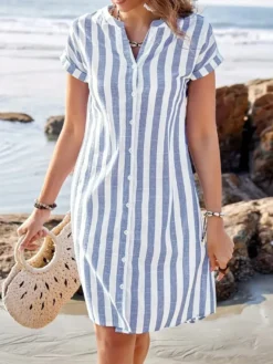 Robe-chemise à rayures verticales pour femme - Robe midi boutonnée à manches courtes - Vacances d'été à la plage 2026