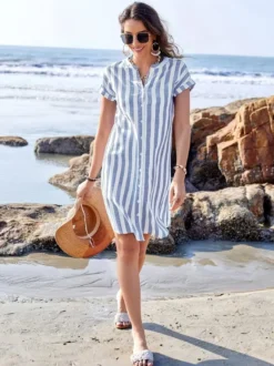 Robe-chemise à rayures verticales pour femme - Robe midi boutonnée à manches courtes - Vacances d'été à la plage 2026