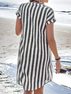 Robe-chemise à rayures verticales pour femme - Robe midi boutonnée à manches courtes - Vacances d'été à la plage 2026
