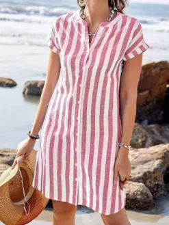 Robe-chemise à rayures verticales pour femme - Robe midi boutonnée à manches courtes - Vacances d'été à la plage 2026