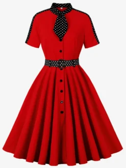Robe chemise rétro à pois avec cravate et ceinture robe mi-longue d'inspiration vintage pour femme 2026