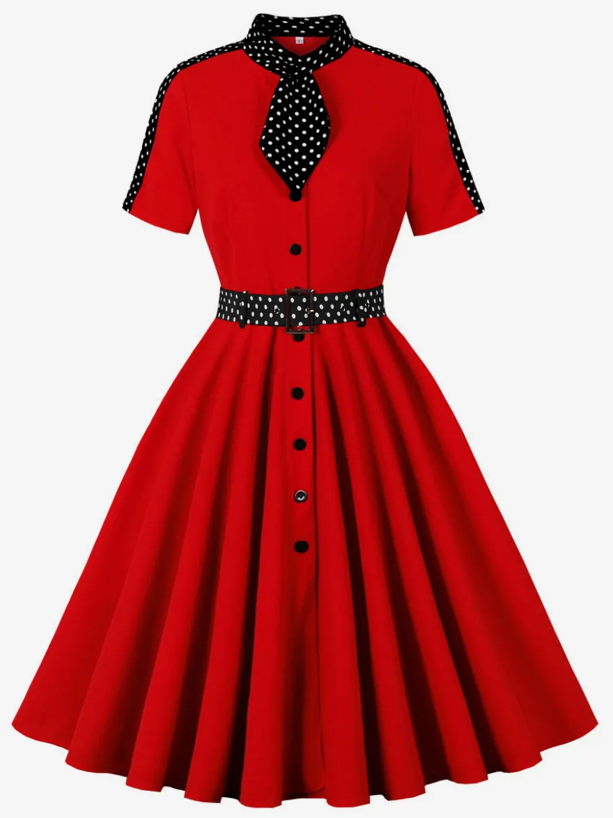 Robe chemise rétro à pois avec cravate et ceinture robe mi-longue d'inspiration vintage pour femme 2026