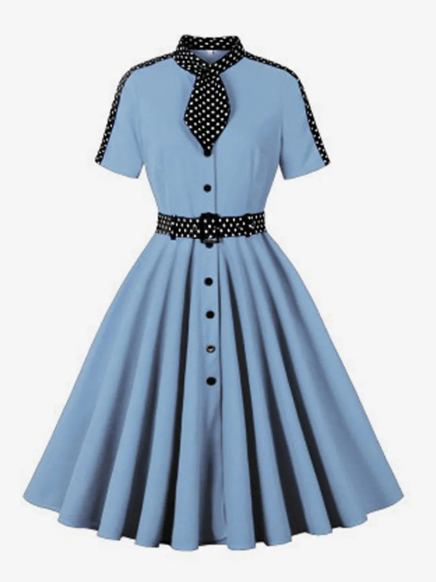 Robe chemise rétro à pois avec cravate et ceinture robe mi-longue d'inspiration vintage pour femme 2026