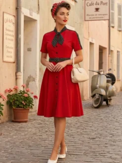 Robe chemise rétro à pois avec cravate et ceinture robe mi-longue d'inspiration vintage pour femme 2026