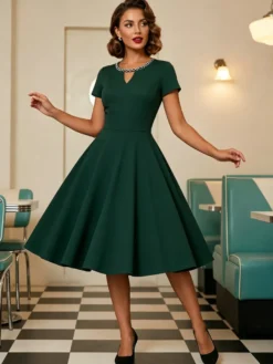 Robe cocktail swing vintage années 1950 manches courtes style rétro femme