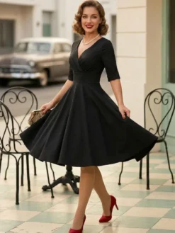 Robe cocktail vintage années 50 pour femme - Col en V manches courtes coupe trapèze buste froncé style rockabilly longueur midi - Invitée de mariage 2026