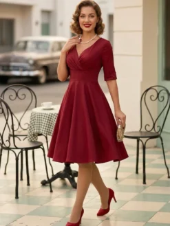 Robe cocktail vintage années 50 pour femme - Col en V manches courtes coupe trapèze buste froncé style rockabilly longueur midi - Invitée de mariage 2026