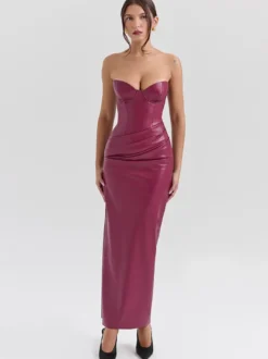 Robe corset en similicuir pour femme - Robe longue bordeaux gothique à lacets et fronces au dos - Tenues de soirée estivales 2026