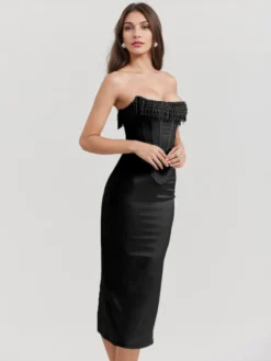 Robe Corset Frange Plissée À Lacets Dos Bal Fête D'anniversaire Robes Midi
