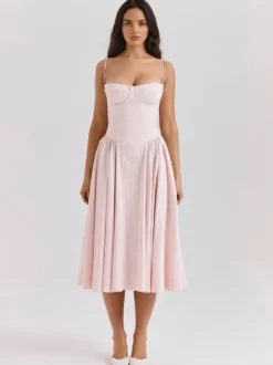 Robe corset rose pâle à bretelles spaghetti dos nu plissée mi-longue style cottagecore 2026