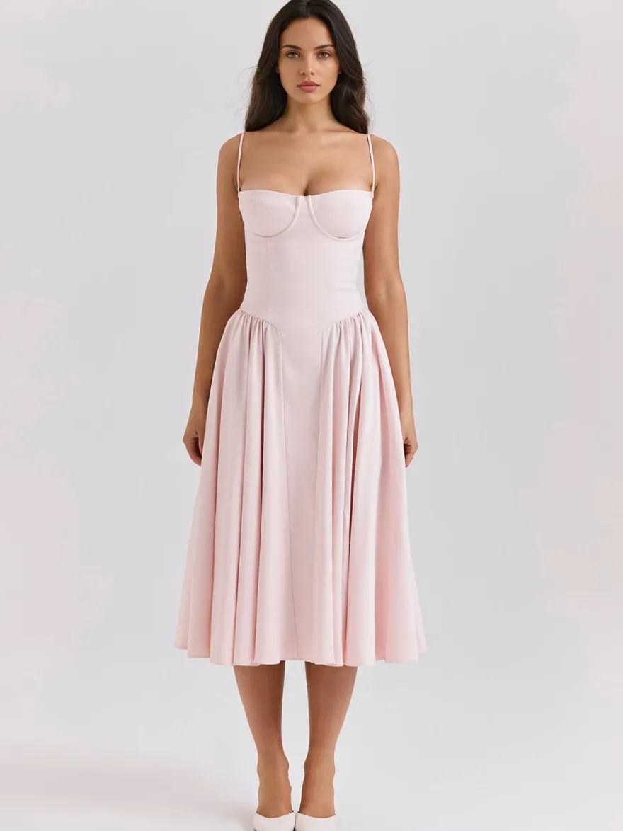 Robe corset rose pâle à bretelles spaghetti dos nu plissée mi-longue style cottagecore 2026