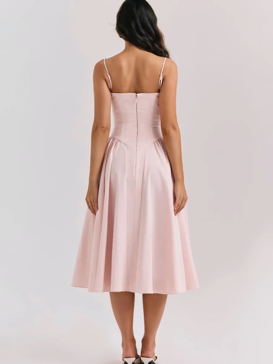 Robe corset rose pâle à bretelles spaghetti dos nu plissée mi-longue style cottagecore 2026