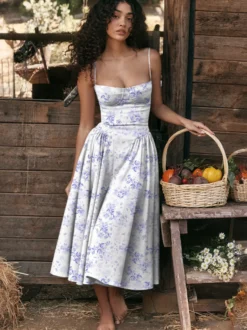 Robe corset rose pâle à bretelles spaghetti dos nu plissée mi-longue style cottagecore 2026