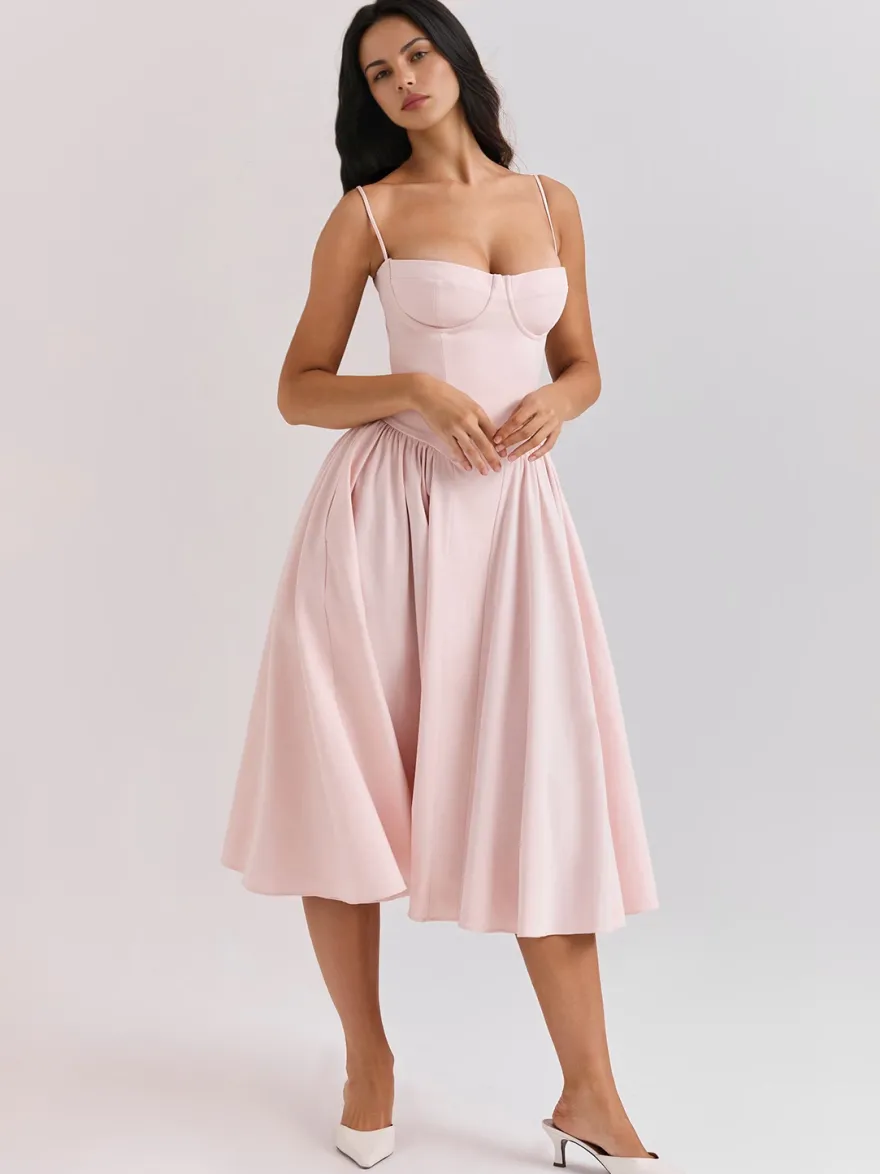 Robe corset rose pâle à bretelles spaghetti dos nu plissée mi-longue style cottagecore 2026
