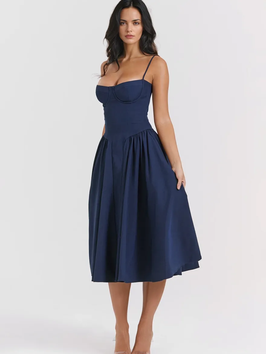 Robe corset rose pâle à bretelles spaghetti dos nu plissée mi-longue style cottagecore 2026