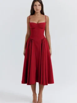Robe corset rose pâle à bretelles spaghetti dos nu plissée mi-longue style cottagecore 2026