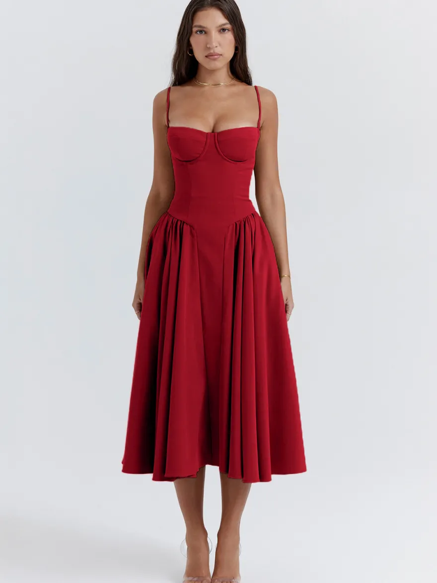 Robe corset rose pâle à bretelles spaghetti dos nu plissée mi-longue style cottagecore 2026
