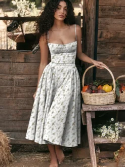 Robe corset rose pâle à bretelles spaghetti dos nu plissée mi-longue style cottagecore 2026