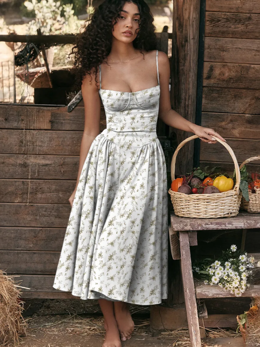Robe corset rose pâle à bretelles spaghetti dos nu plissée mi-longue style cottagecore 2026