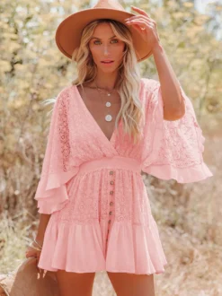 Robe courte bohème en dentelle ajourée pour femme - Manches cloche col en V dos nu - Festival de musique en bord de mer 2026
