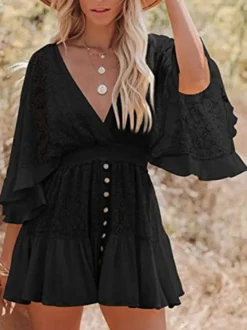 Robe courte bohème en dentelle ajourée pour femme - Manches cloche col en V dos nu - Festival de musique en bord de mer 2026