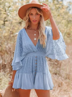 Robe courte bohème en dentelle ajourée pour femme - Manches cloche col en V dos nu - Festival de musique en bord de mer 2026