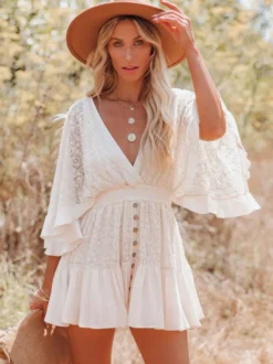 Robe courte bohème en dentelle ajourée pour femme - Manches cloche col en V dos nu - Festival de musique en bord de mer 2026