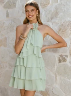 Robe courte dos nu à fleurs 3D pour femme - Élégante robe d'été en mousseline à volants et rosettes étagées - Invitée aux mariages d'été 2026