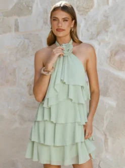Robe courte dos nu à fleurs 3D pour femme - Élégante robe d'été en mousseline à volants et rosettes étagées - Invitée aux mariages d'été 2026