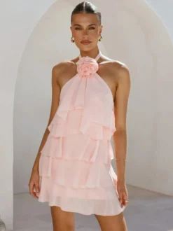 Robe courte dos nu à fleurs 3D pour femme - Élégante robe d'été en mousseline à volants et rosettes étagées - Invitée aux mariages d'été 2026