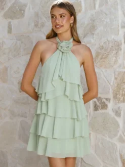 Robe courte dos nu à fleurs 3D pour femme - Élégante robe d'été en mousseline à volants et rosettes étagées - Invitée aux mariages d'été 2026