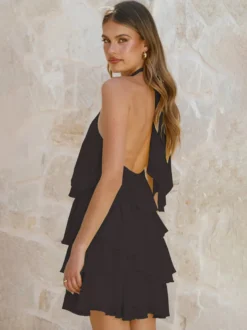 Robe courte dos nu à fleurs 3D pour femme - Élégante robe d'été en mousseline à volants et rosettes étagées - Invitée aux mariages d'été 2026