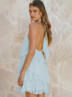 Robe courte dos nu à fleurs 3D pour femme - Élégante robe d'été en mousseline à volants et rosettes étagées - Invitée aux mariages d'été 2026