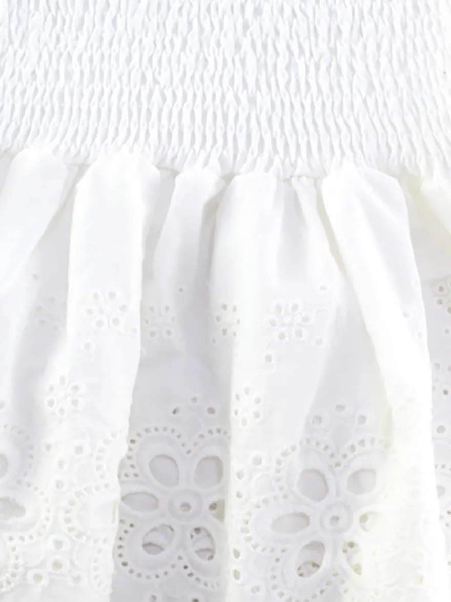 Robe courte en dentelle ajourée pour femme - Robe bustier blanche à volants et smocks - Idéale pour les vacances d'été à la plage 2026
