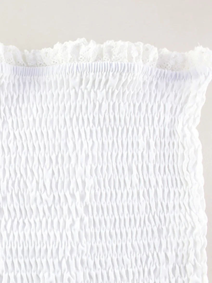 Robe courte en dentelle ajourée pour femme - Robe bustier blanche à volants et smocks - Idéale pour les vacances d'été à la plage 2026