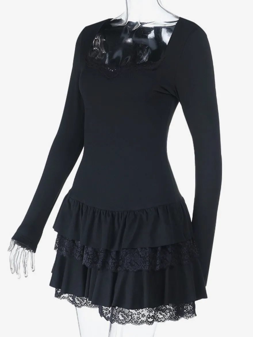 Robe courte en dentelle à col carré pour femme - Robe moulante noire à volants gothiques superposés et manches longues - Tenue de soirée printanière 2026
