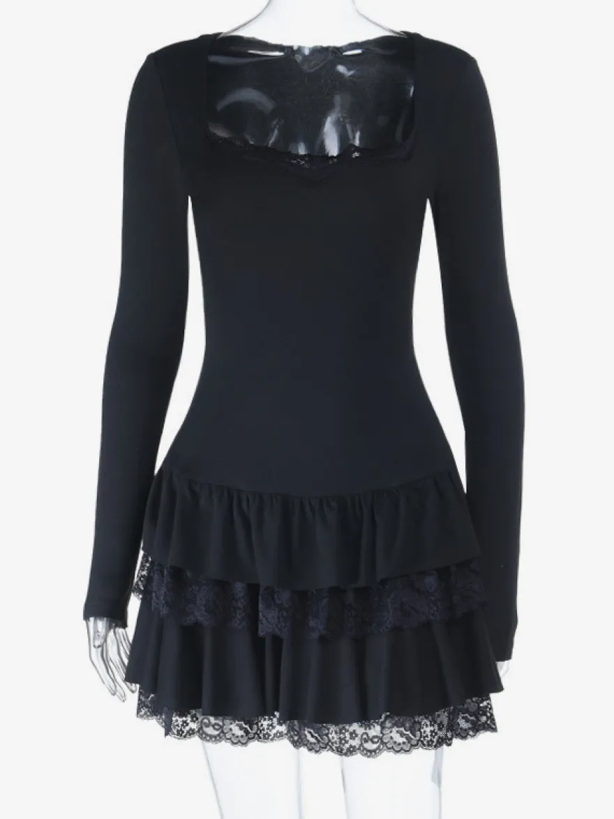 Robe courte en dentelle à col carré pour femme - Robe moulante noire à volants gothiques superposés et manches longues - Tenue de soirée printanière 2026