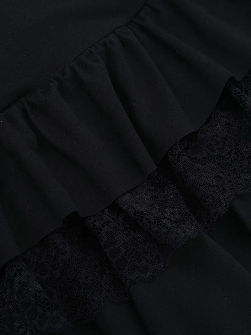 Robe courte en dentelle à col carré pour femme - Robe moulante noire à volants gothiques superposés et manches longues - Tenue de soirée printanière 2026