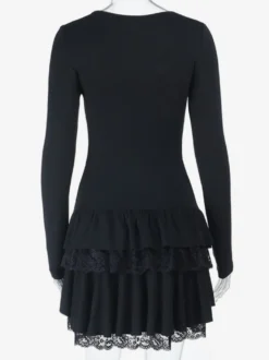 Robe courte en dentelle à col carré pour femme - Robe moulante noire à volants gothiques superposés et manches longues - Tenue de soirée printanière 2026