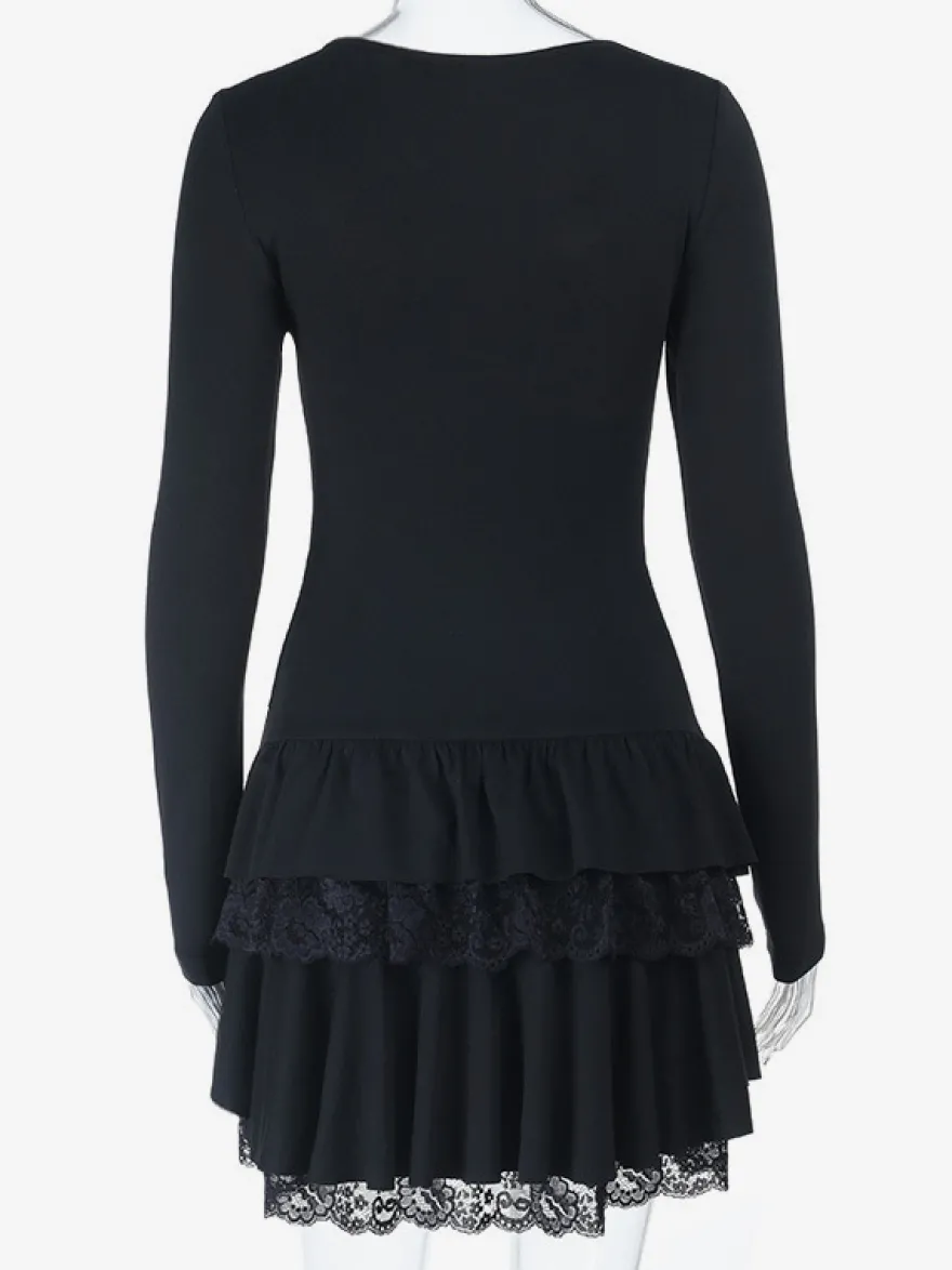 Robe courte en dentelle à col carré pour femme - Robe moulante noire à volants gothiques superposés et manches longues - Tenue de soirée printanière 2026