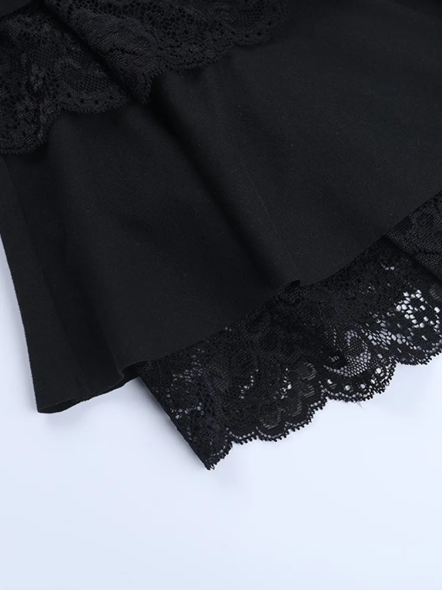 Robe courte en dentelle à col carré pour femme - Robe moulante noire à volants gothiques superposés et manches longues - Tenue de soirée printanière 2026