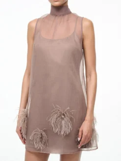 Robe courte en mousseline marron clair sans manches à lacets pour femme