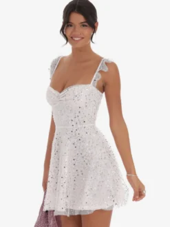 Robe courte en tulle à sequins pour femme - Décolleté cœur dos lacé sans manches coupe trapèze - Idéale pour une fête d'anniversaire d'été 2026