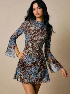 Robe courte imprimée léopard et fleurs Daily Dresses col montant fente évasée manches longues coupe ajustée ourlet à volants style décontracté d'automne